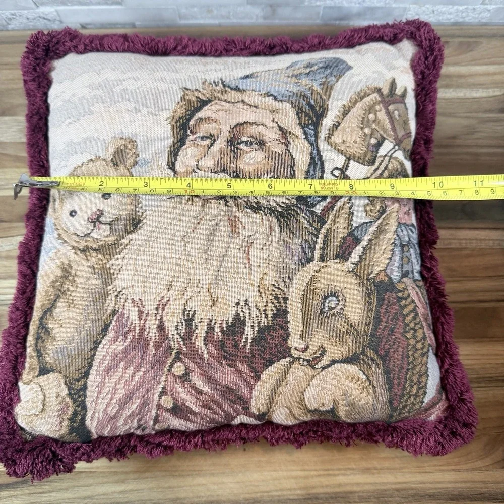 Vintage Santa Claus Tapestry Throw Pillow‎ Burgundy Fringe Velvet Back 11x11